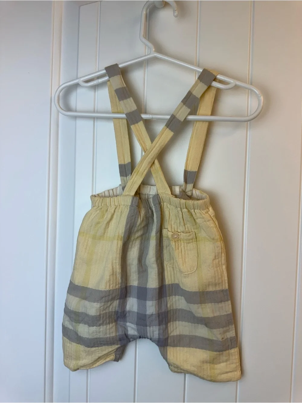 Burberry Yellow & Gray Plaid Kids Suspender Shorts sz 3m